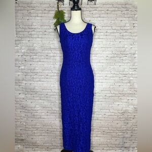 Vintage Cobalt Blue Lace Bodycon Maxi Evening Dress